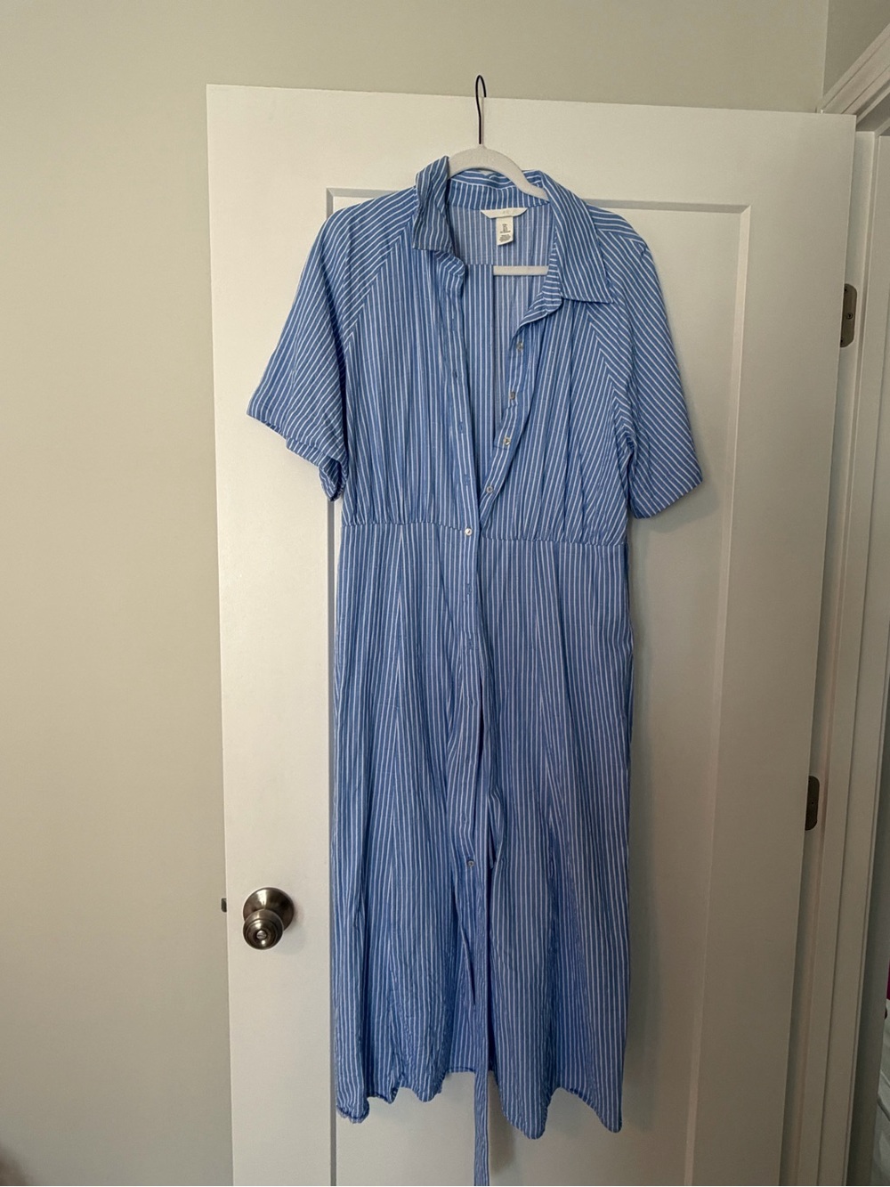 H&M Light Blue & White Striped Button-Front Midi Dress